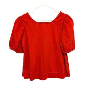 2$30 LOFT - Bright Red Puff Sleeve Blouse w/ White Stitching Detail Size Small